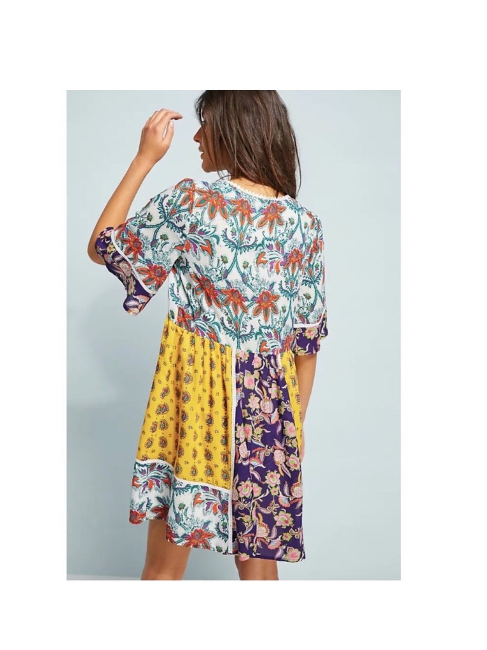 Anthropologie Lilka Patchwork Trapeze Dress Size Medium Boho Floral Rayon - Picture 3 of 10